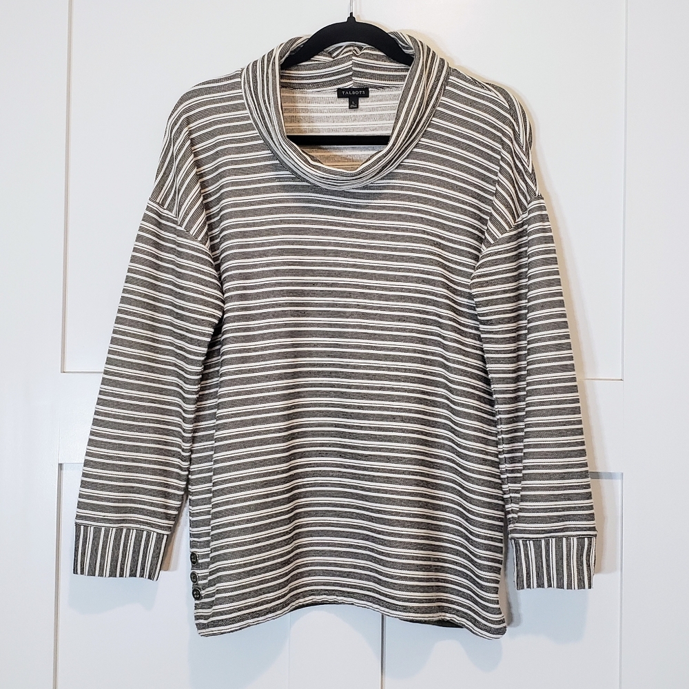 Talbots Reverse Terry Striped Cowl Neck Textured Charcoal White Size Large